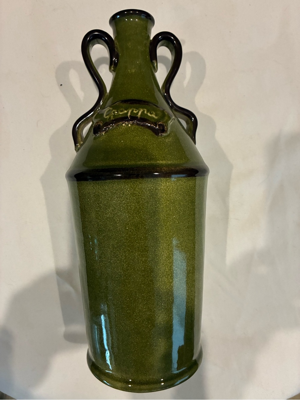 Neiman Marcus Olive Green Glazed Ceramic Vase Base w/Grappa on Front of Vessel